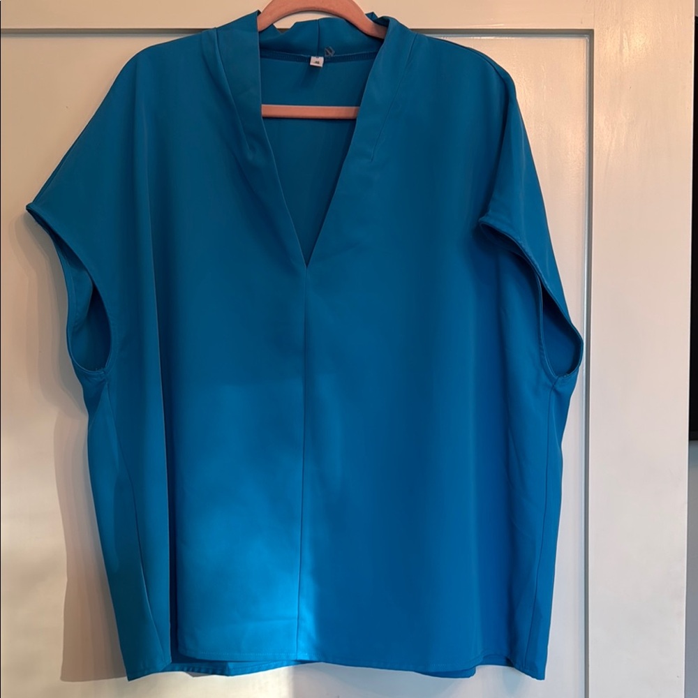 Glam Blue Boxy Blouse with Mandarin Collar